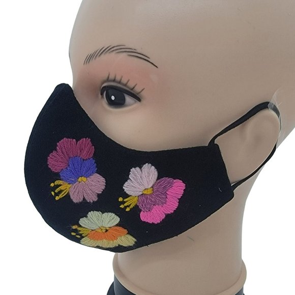 None Accessories - New Cover Face ear loop Women Black Mask Embroidered handmade big Flowers roses